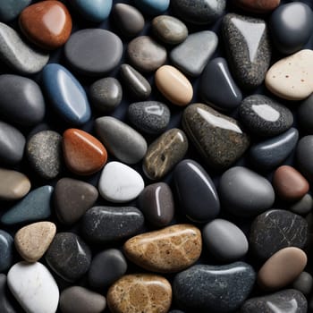 A collection of various smooth stones of different colors and sizes, arranged closely together. High quality AI-generated photo.