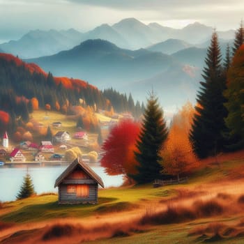 A picturesque autumn scene showing a wooden cabin in front of a lake and mountains. Autumn foliage is prominent. High quality AI-generated photo.