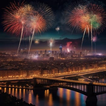 Fireworks display over a cityscape at night, with a bridge and river visible. High quality AI-generated photo.