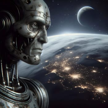 A robotic face looks out at a cityscape at night from space. High quality AI-generated photo.