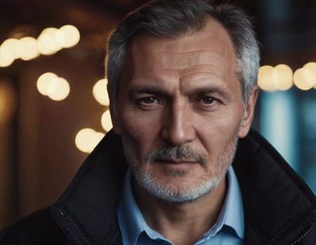 A middle-aged man with gray hair and brown eyes gazes directly at the viewer, showcasing signs of wisdom and experience. A resident of Russia, a strong-willed man 45-50 years old. Generative AI.
