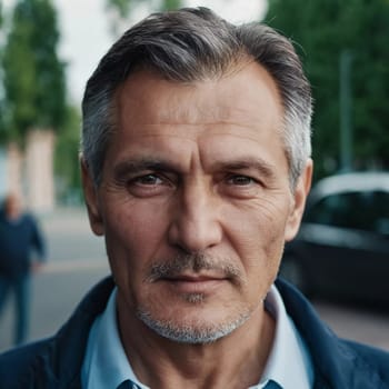 A middle-aged man with gray hair and brown eyes gazes directly at the viewer, showcasing signs of wisdom and experience. A resident of Russia, a strong-willed man 45-50 years old. Generative AI.