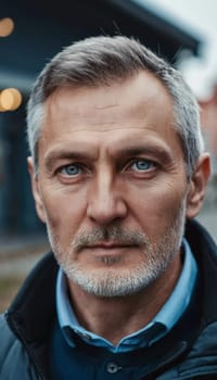 A middle-aged man stands calmly, showcasing his gray hair and blue eyes. The scene captures highlights of a Russian city with soft lighting, reflecting a quiet, thoughtful mood. Generative AI.