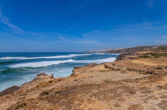 View of ocean waves and fantastic rocky coast in Ericeira, near Lisbon. Portugal