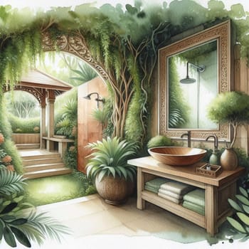 A watercolor painting of a luxurious outdoor bathroom with wooden elements, lush plants, and a tranquil atmosphere. High quality AI-generated photo.