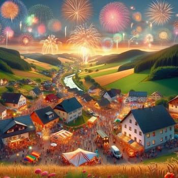 An aerial view of a village celebrating with fireworks at sunset. High quality AI-generated photo.