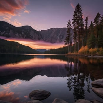 A serene lake reflecting the colors of a sunset sky and the surrounding mountains. Tall pine trees line the shore. High quality AI-generated photo.