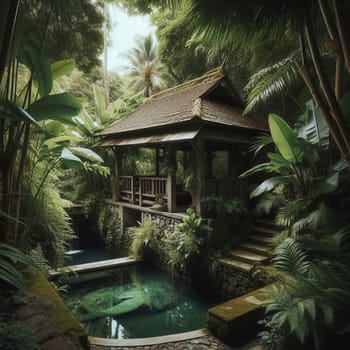 A tranquil scene of a traditional gazebo nestled in a lush tropical garden with a pond. High quality AI-generated photo.
