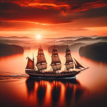 Tall ship sailing on calm water at sunset. High quality AI-generated photo.