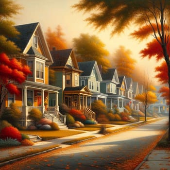 A picturesque street lined with charming houses in autumn, with vibrant fall foliage and warm sunlight. High quality AI-generated photo.