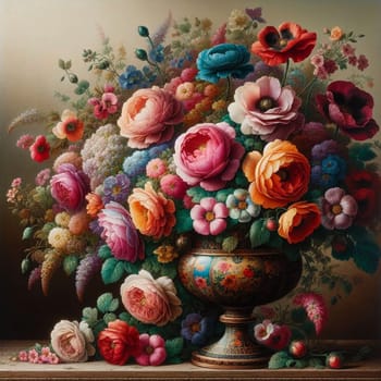 A still life oil painting of a large, ornate vase filled with a lavish arrangement of colorful flowers, including roses, poppies, and other blooms. High quality AI-generated photo.