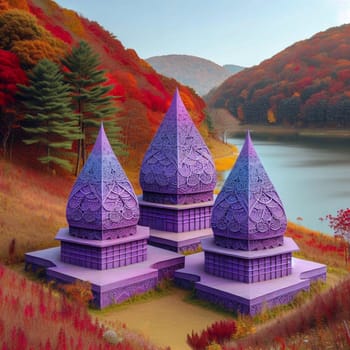 Three purple, intricately patterned buildings with dome-like roofs situated on a hillside overlooking a lake and forest. High quality AI-generated photo.