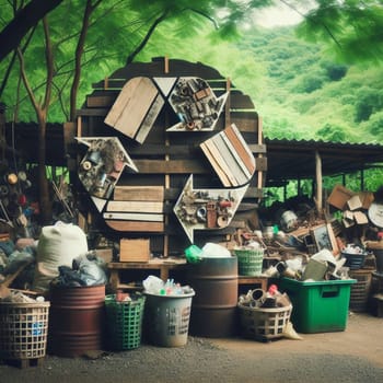 A recycling symbol constructed from recycled materials, set against a backdrop of a recycling collection area. High quality AI-generated photo.