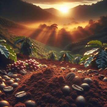 Coffee beans and ground coffee on a coffee plantation at sunrise, with sun rays streaming over the coffee plants. High quality AI-generated photo.