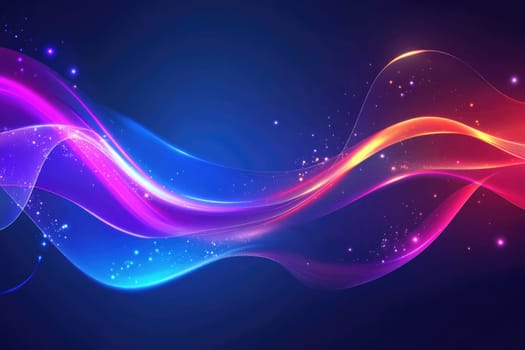 Light motion with neon waves and stardust. Particles shimmer on light curves. Beautiful glowing horizontal background. Abstract halogen template