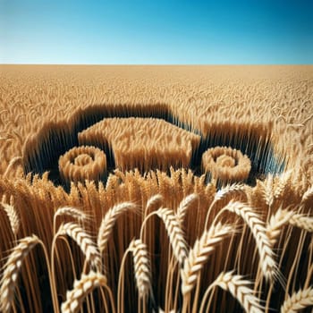 An aerial view of a wheat field with a car shape cut into it, symbolizing sustainable transportation or biofuels. High quality AI-generated photo.