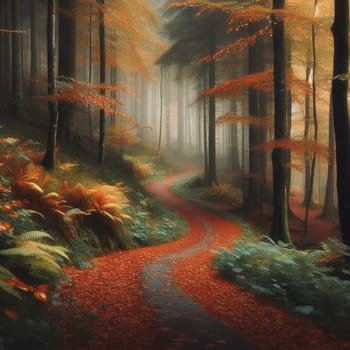 A winding path through a misty forest in autumn, with red and green foliage creating a magical atmosphere. High quality AI-generated photo.
