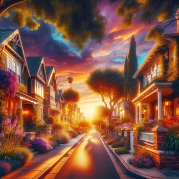 A picturesque residential street at sunset with houses, vibrant flowers, and trees. High quality AI-generated photo.