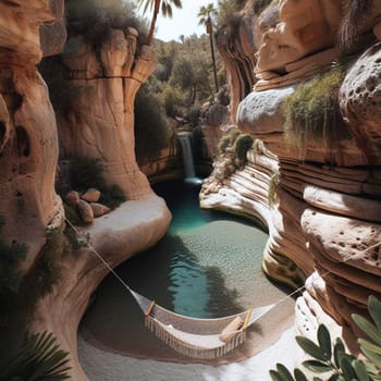 A hammock hangs between two rock formations in a secluded oasis with a waterfall and clear water. High quality AI-generated photo.