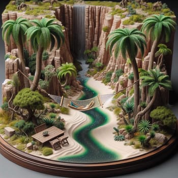 A miniature diorama of a tropical beach scene with a person relaxing in a hammock near a waterfall and palm trees. High quality AI-generated photo.