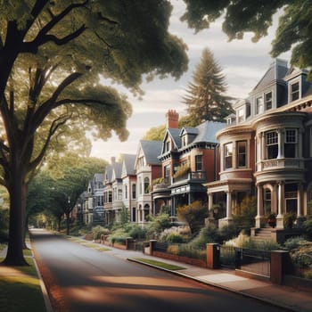 A row of Victorian-style houses on a tree-lined street. High quality AI-generated photo.