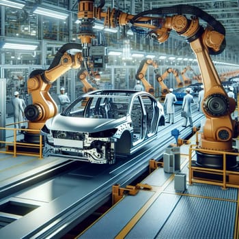 A car assembly line in a modern factory, showcasing robotic arms and human workers. High quality AI-generated photo.