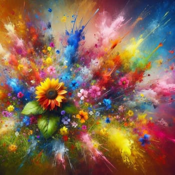 An abstract painting of a sunflower surrounded by a vibrant explosion of colorful paint splatters. High quality AI-generated photo.