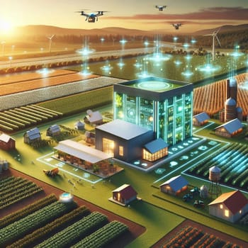 An aerial view of a futuristic farm with technology integrated into the landscape and drones flying overhead. High quality AI-generated photo.