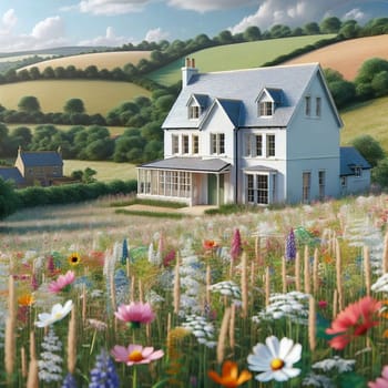 A modern white house with a large garden sits in a field of wildflowers on a hillside. High quality AI-generated photo.