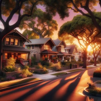 A residential street at sunset, with houses, lush greenery, and long shadows creating a warm and inviting atmosphere. High quality AI-generated photo.
