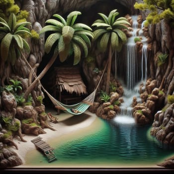 A miniature diorama depicting a tropical beach scene with a person relaxing in a hammock near a waterfall. High quality AI-generated photo.