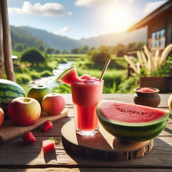 A still life featuring a watermelon smoothie and fresh fruit on a rustic wooden table. High quality AI-generated photo.