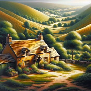 A painting of a charming stone cottage nestled in a lush green valley. High quality AI-generated photo.