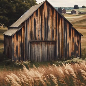 A weathered wooden barn in a field of tall grass. High quality AI-generated photo.