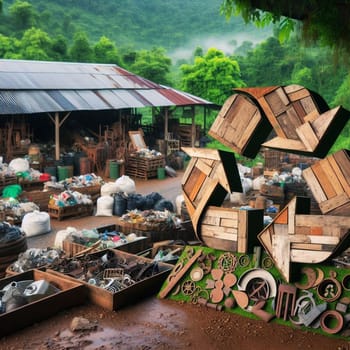 A recycling symbol made of reclaimed wood and metal parts, positioned at a recycling facility. High quality AI-generated photo.