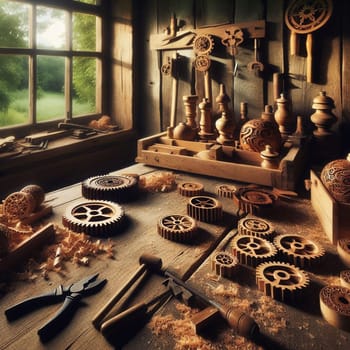 A woodworker's workshop interior with various tools and handcrafted wooden objects. High quality AI-generated photo.