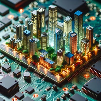A miniature city built on a circuit board, representing the concept of smart city technology and urban development. High quality AI-generated photo.