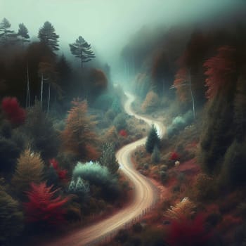 A winding dirt road curves through a misty forest with colorful autumn foliage. High quality AI-generated photo.