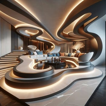 A futuristic living room interior with a unique curved design, illuminated with warm lighting, featuring a curved sofa. High quality AI-generated photo.
