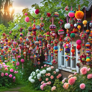A garden scene with a rustic white house and many colorful yarn pom-poms hanging from a tree. High quality AI-generated photo.