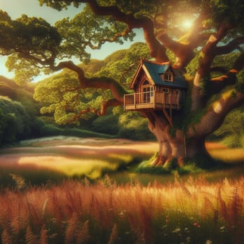 A tree house built into a large, majestic tree in a field of tall grass. High quality AI-generated photo.