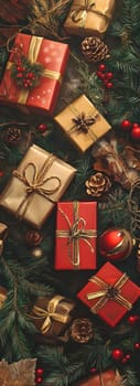 A top view of beautifully wrapped Christmas presents surrounded by festive decorations. Warm and inviting Christmas atmosphere.