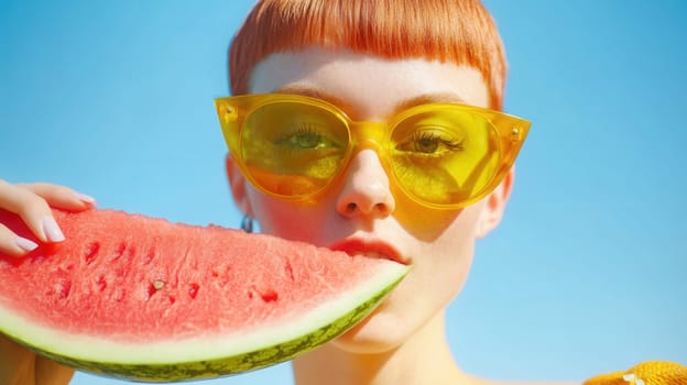 Fashionable redhead model enjoying a slice of fresh watermelon while wearing yellow sunglasses against a clear blue sky