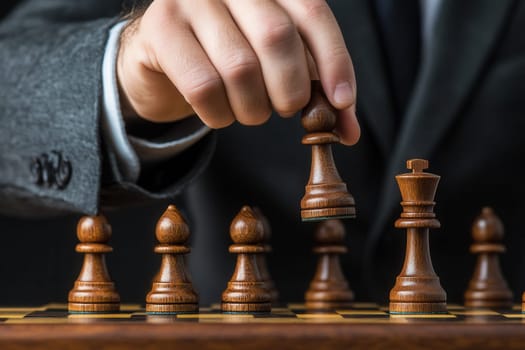 Hand moving pawn on chessboard, showing strategy and decision making in business