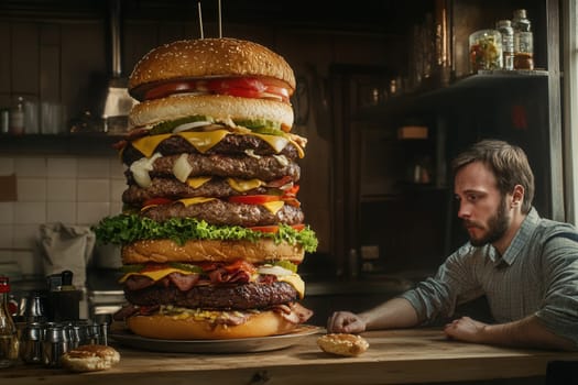 Chef looking at a huge hamburger with many layers of beef, cheese, vegetables, and bacon, in a restaurant kitchen