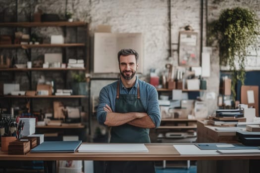 Portrait of a successful craftsman smiling with crossed arms in his workshop, proud of his work
