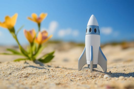 White and silver toy rocket launching from a sand dune with flowers and blue sky in the background