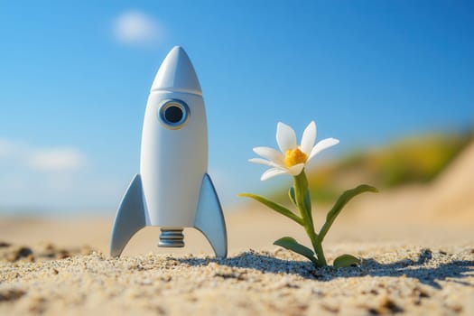 Miniature white rocket and small white flower growing on sand symbolize new life, innovation, and growth in challenging environments