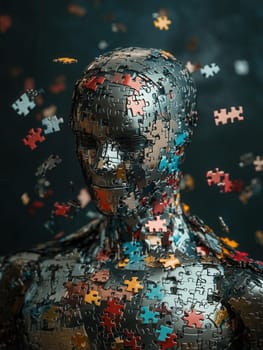 Colorful puzzle pieces forming a cyborg bust are disintegrating, representing the fragility of ai