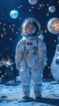 Child astronaut wearing spacesuit exploring new planets in space